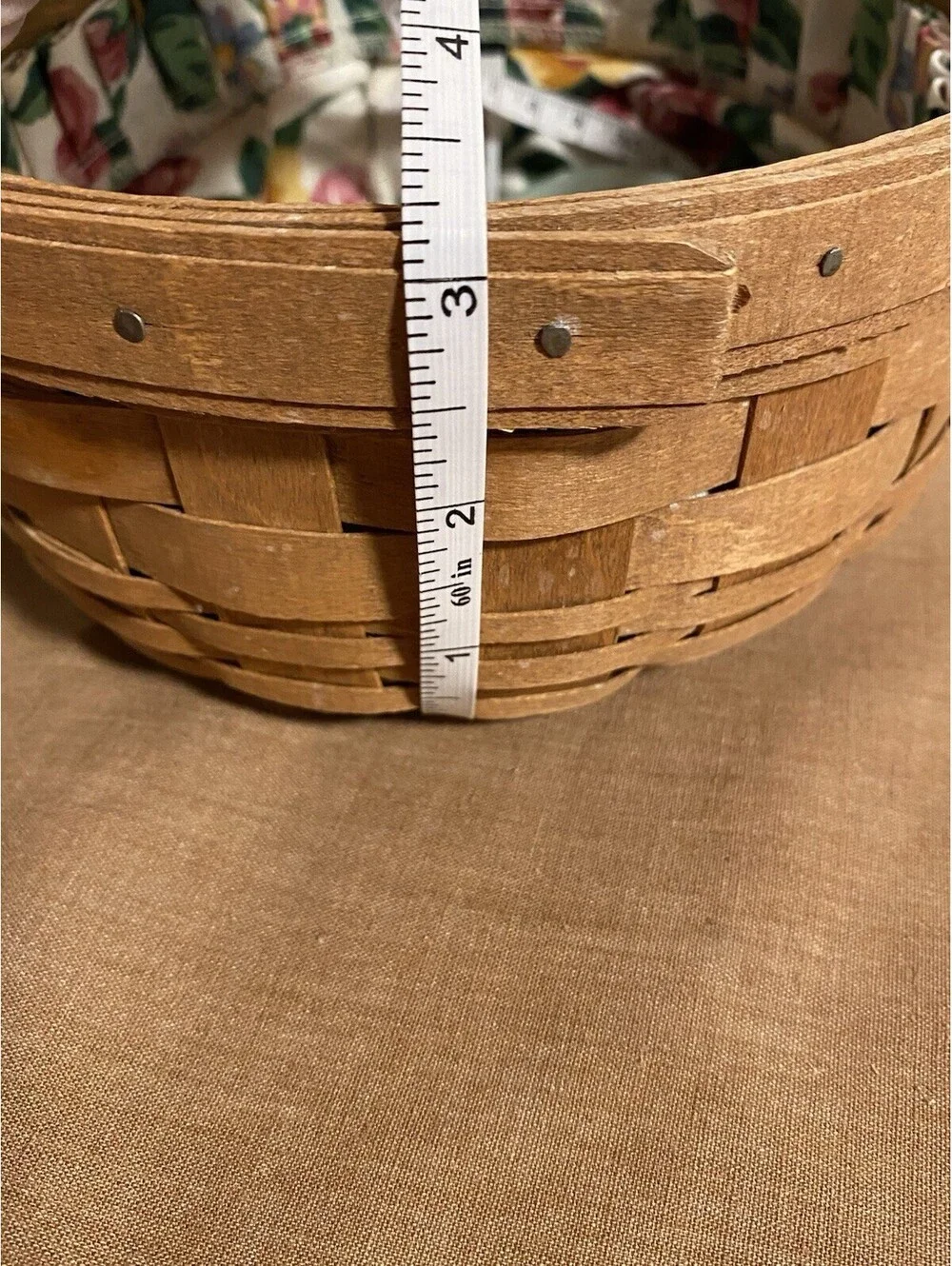 Vintage Longaberger 1988 Round Basket Floral Liner Roses W/Leather Handles